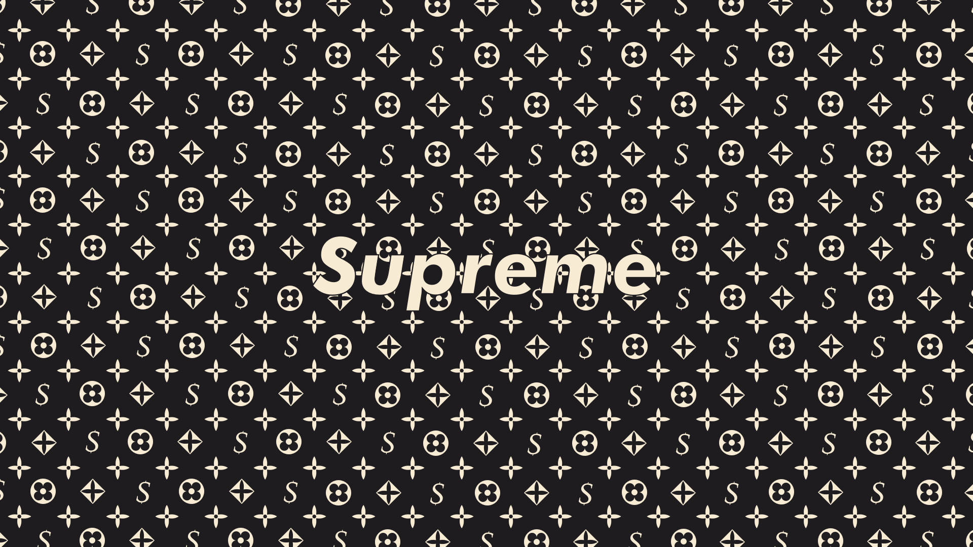 black supreme 桌布 壁紙 — 黑色桌布，重複的奶油色 Louis Vuitton 字母圖案，中央以粗體奶油色文字顯示 Supreme 標誌。