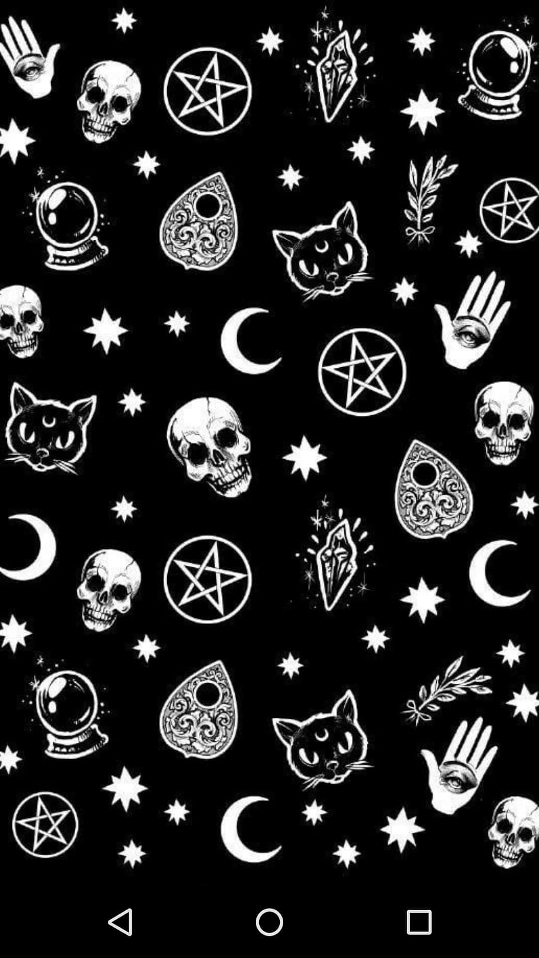 Gothic iPhone 桌布 壁紙 — 黑色桌布圖案，白色骷髏頭、新月、五角星和貓咪散落在星星之間。