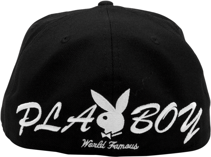 花花公子 桌布 壁紙 — 黑色棒球帽，帶有白色刺繡Playboy標誌和文字，背景透明。