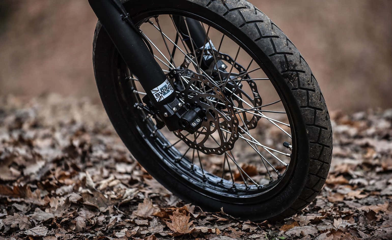 Electric Bike 桌布 壁紙 — 黑色機車車輪的特寫，配備堅固輪胎和碟式煞車，停放在一層乾燥的秋葉上。