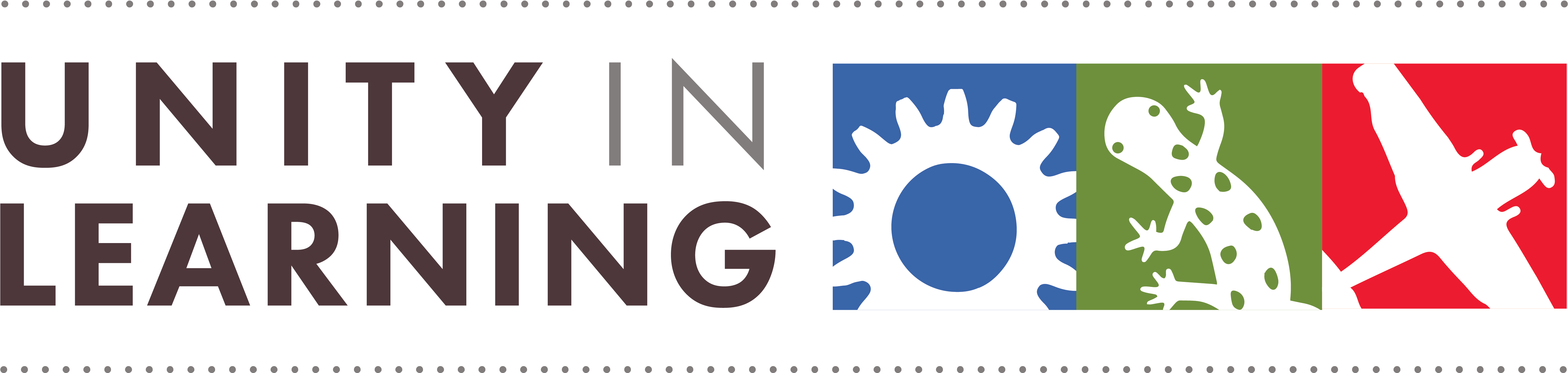博物館 桌布 壁紙 — 黑色橫幅，上面有「UNITY IN LEARNING」文字和四個圖示：齒輪、蜥蜴、飛機和圓圈，位於彩色方塊上。