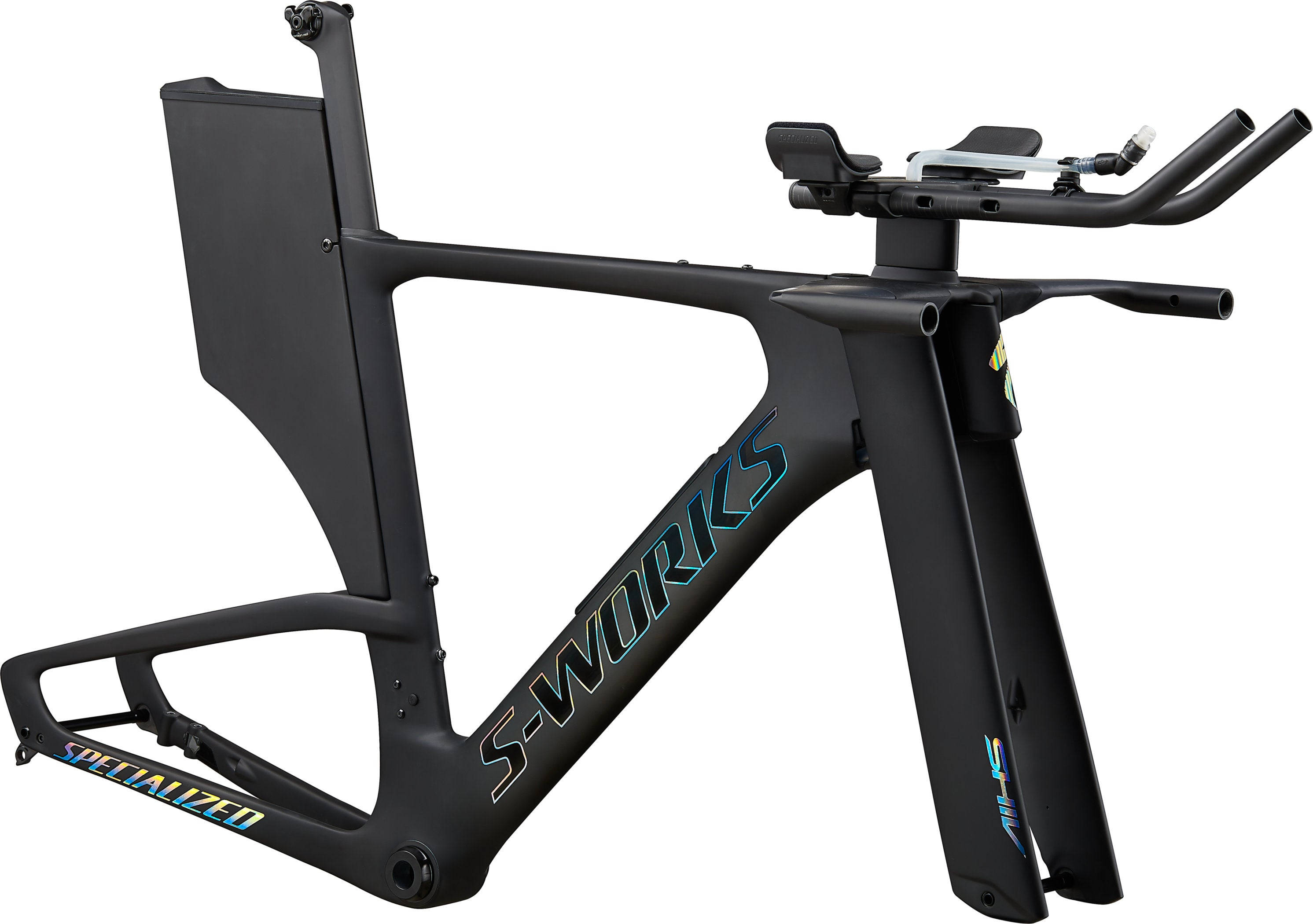 電腦 桌布 壁紙 — 黑色流線型 Specialized S-Works 計時賽單車車架，配備空氣動力學設計及整合式駕駛艙，背景為白色。