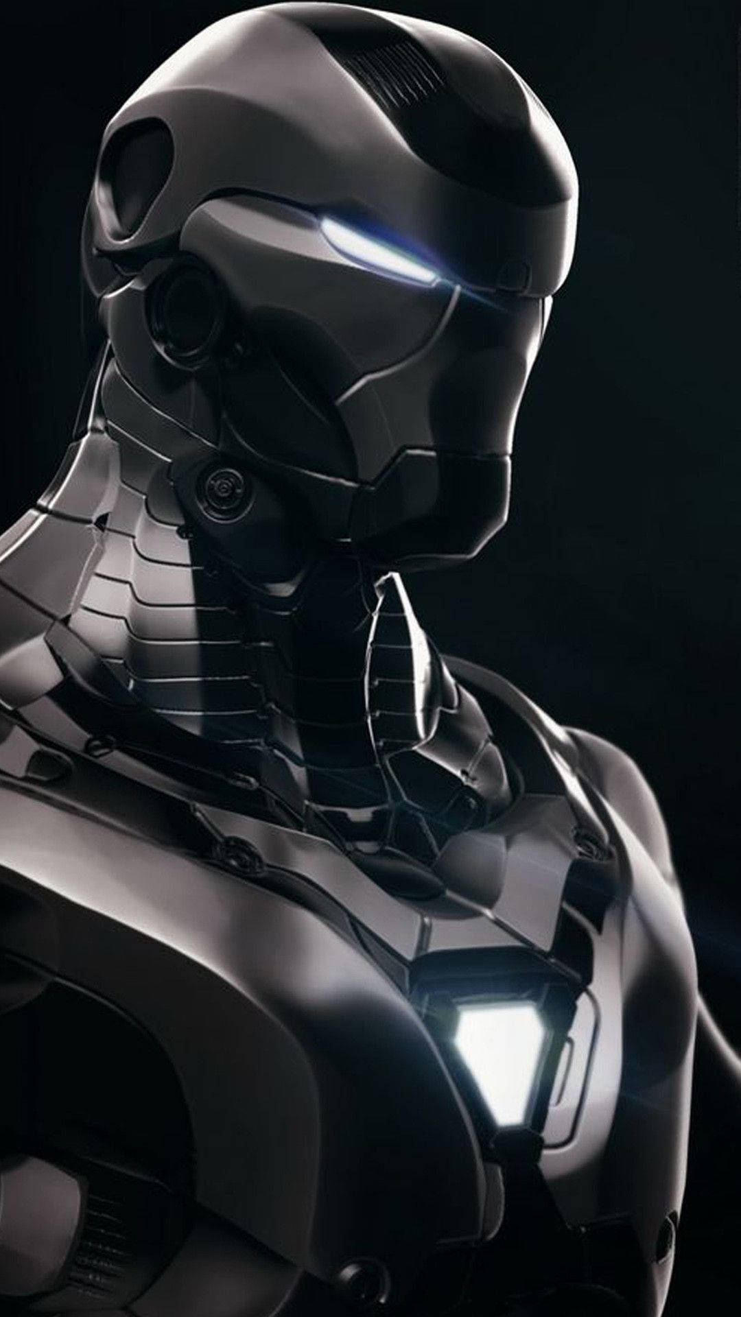 3D iPhone 壁紙 桌布 壁紙 — 黑色流線型裝甲服的近距離特寫，帶有發光的藍色眼睛和明亮的胸部反應器，背景為深色。