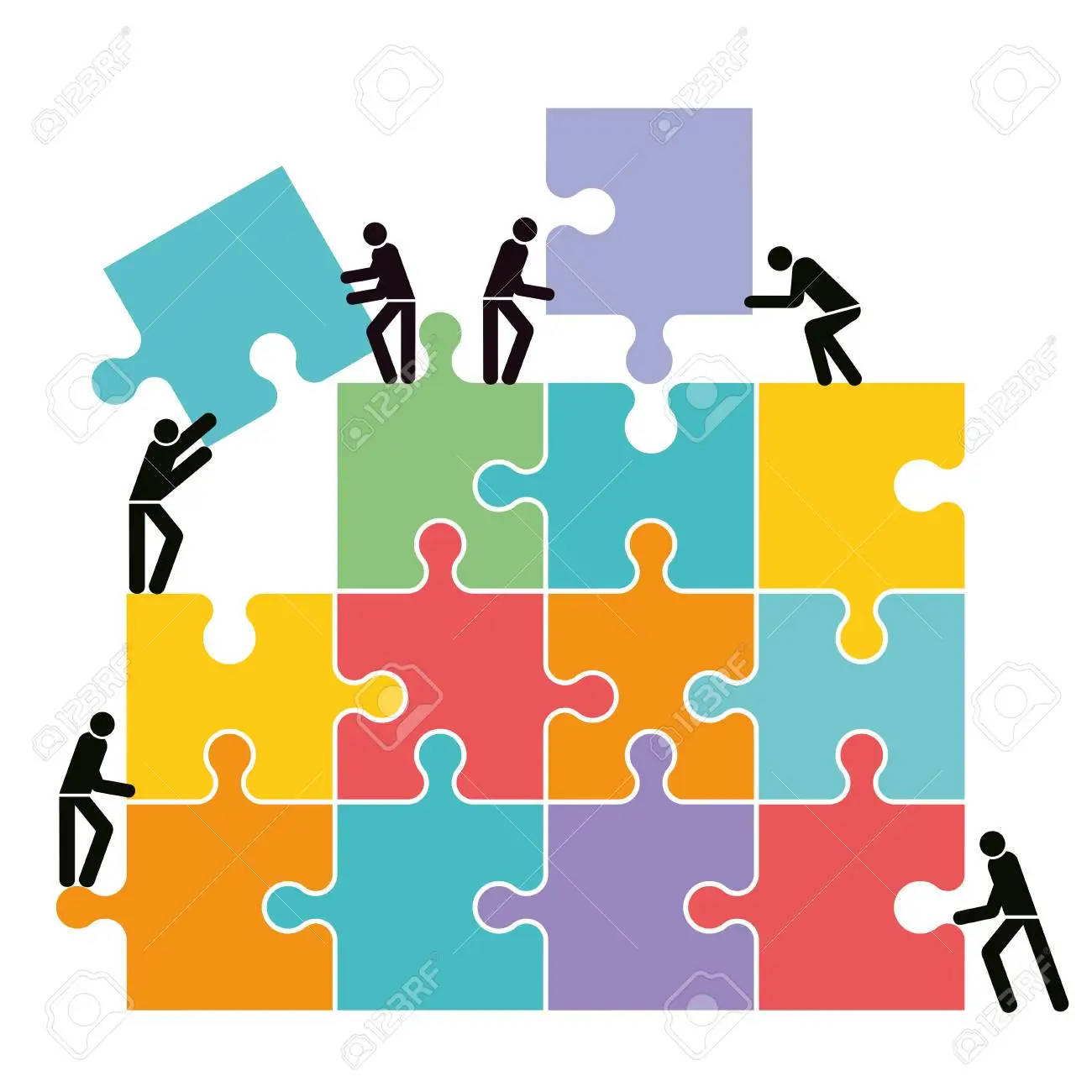 Teamwork 桌布 壁紙 — 黑色火柴人在白色背景上組裝色彩繽紛、相互扣合的拼圖塊。