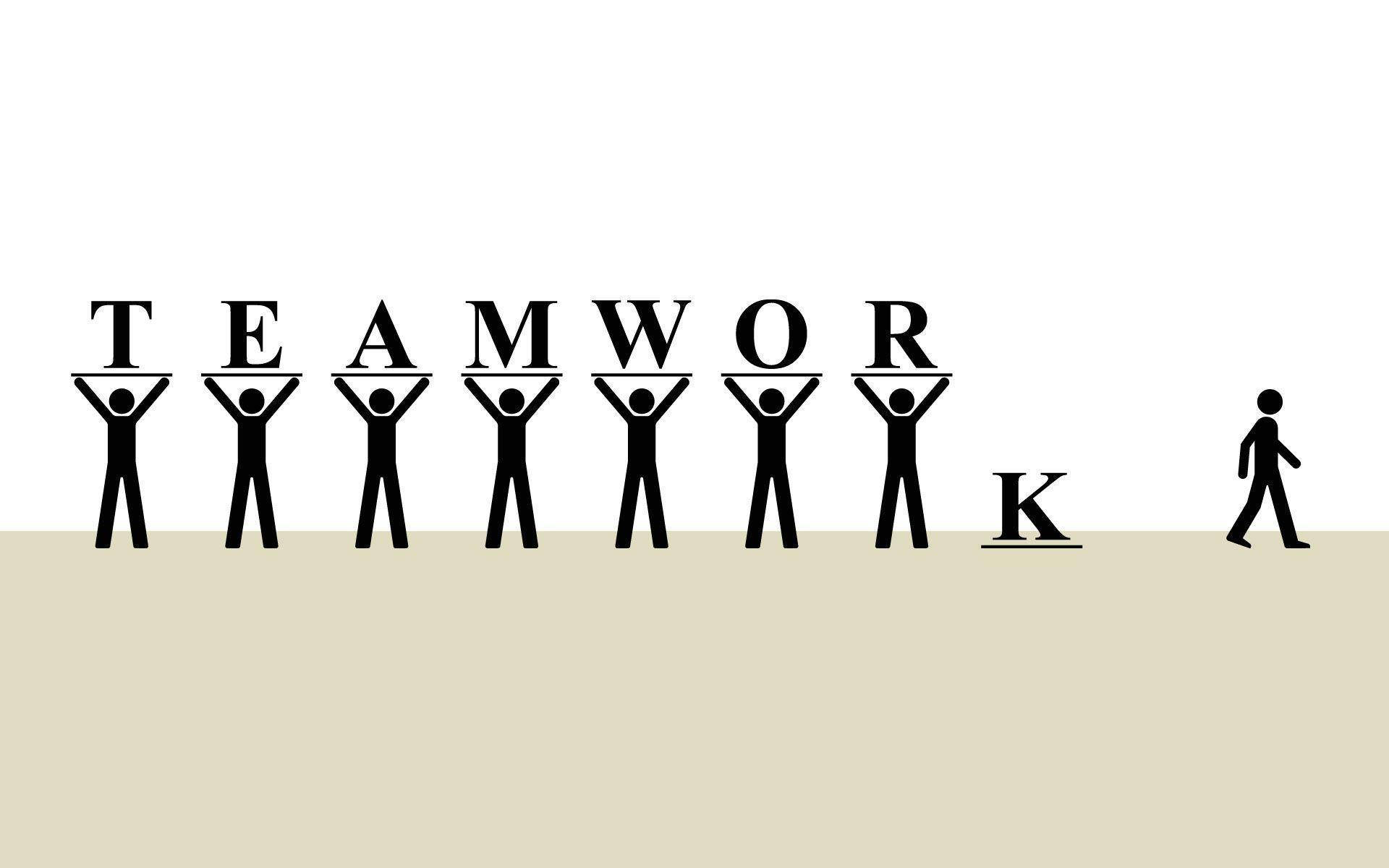 Teamwork 桌布 壁紙 — 黑色火柴人舉起拼出TEAMWORK的字母，其中一個火柴人從單詞走開。