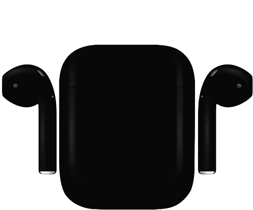 AirPods 桌布 壁紙 — 黑色無線耳機及充電盒在純白背景下以極簡工作室燈光展示。