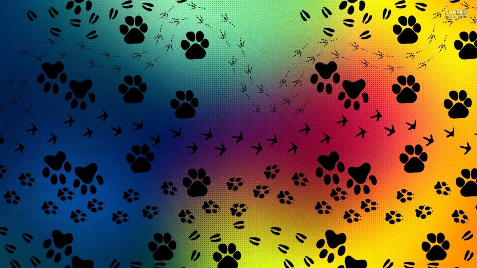 Paw Print 桌布 壁紙 — 黑色爪印和鳥腳印穿過充滿活力的彩虹漸變背景，帶有半色調紋理。