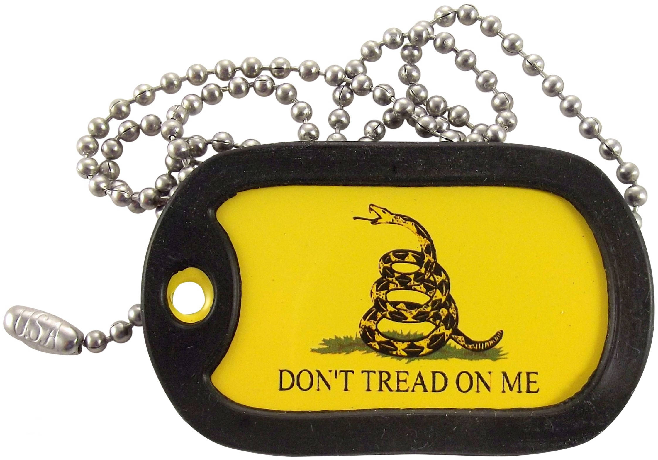 Gadsden Flag 桌布 壁紙 — 黑色狗牌，黃色背景，上面有一條盤繞的響尾蛇和文字 don't tread on me。