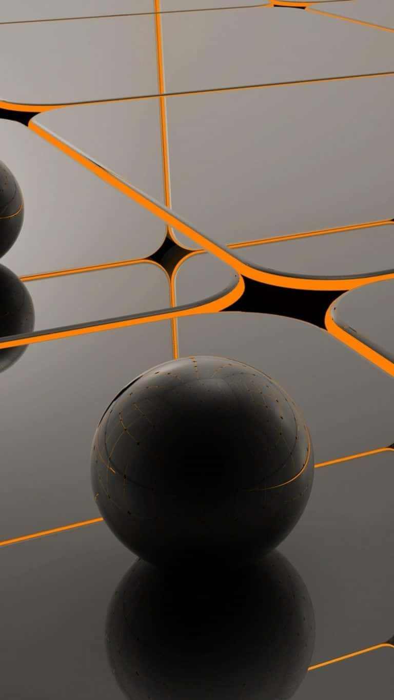 Sphere 桌布 壁紙 — 黑色球體放置在光滑的地板上，發光的橙色幾何線條營造出未來主義的抽象構圖。