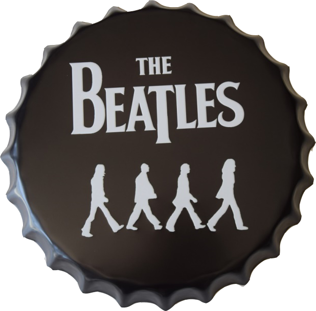 黑白 桌布 壁紙 — 黑色瓶蓋複製品，印有披頭四 Abbey Road 專輯封面，帶有白色剪影和文字。