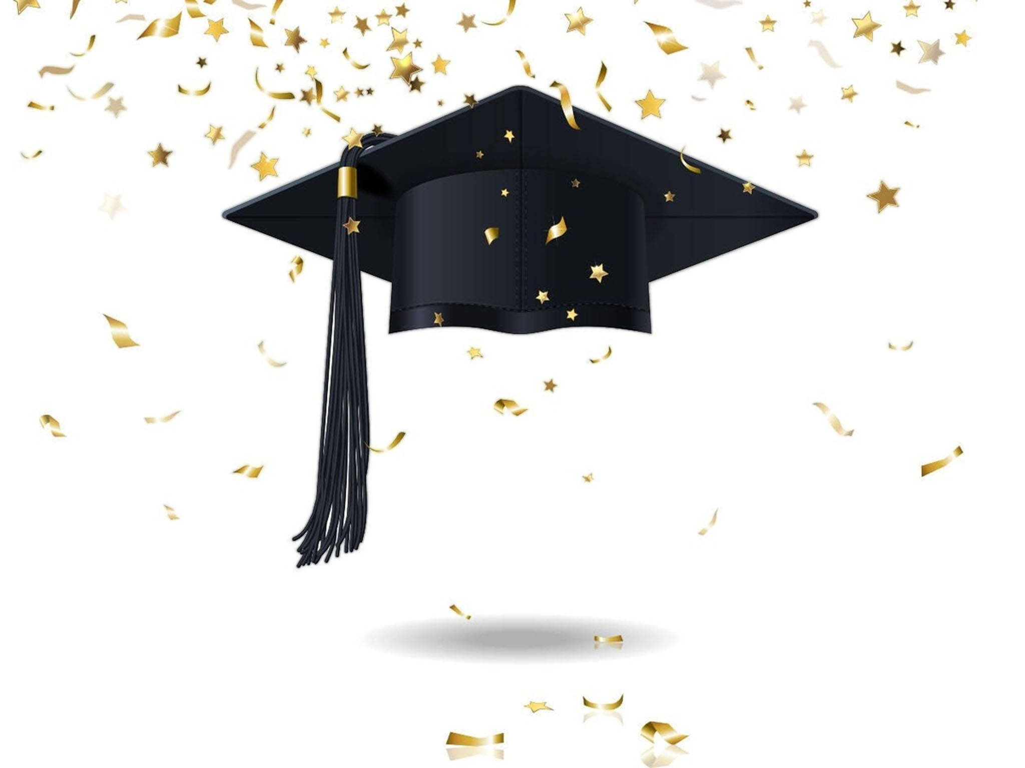 Graduation 桌布 壁紙 — 黑色畢業帽，金色星星紙屑漂浮在周圍，背景為白色。