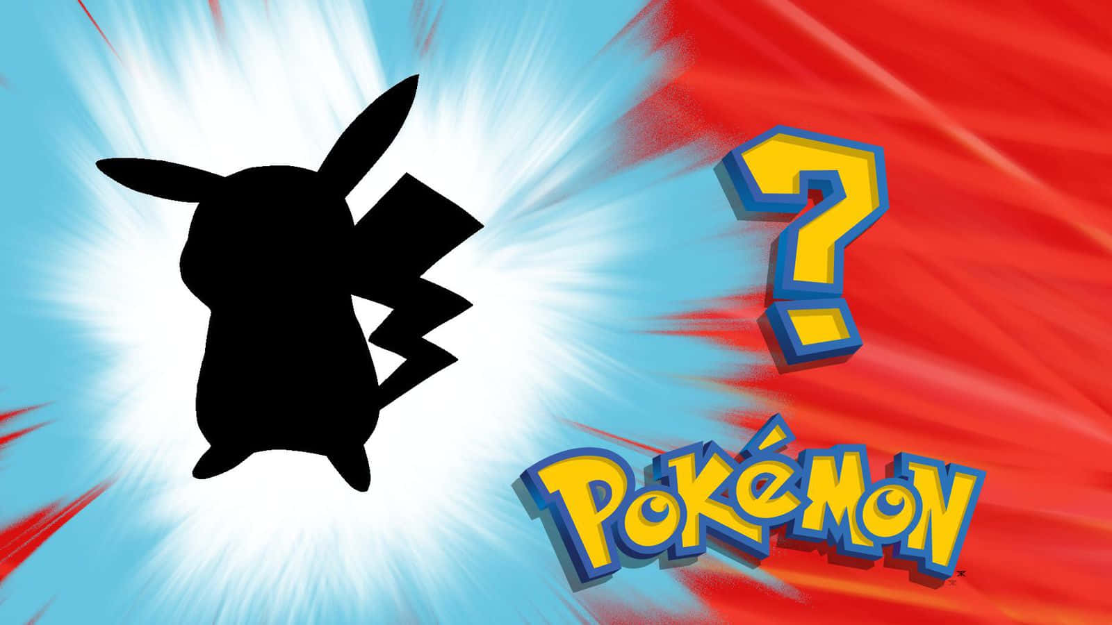 Pokemon Funny 桌布 壁紙 — 黑色皮卡丘剪影站在藍色爆炸背景旁，旁邊有黃色問號和寶可夢標誌，背景為紅色。