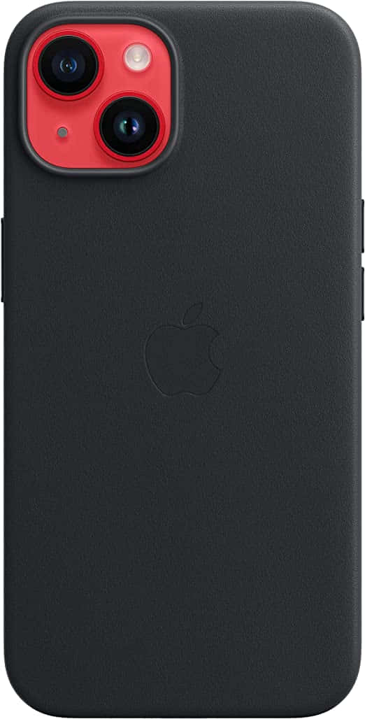iPhone 桌布 壁紙 — 黑色皮革 iPhone 保護殼，帶紅色相機模組和壓印 Apple 標誌。