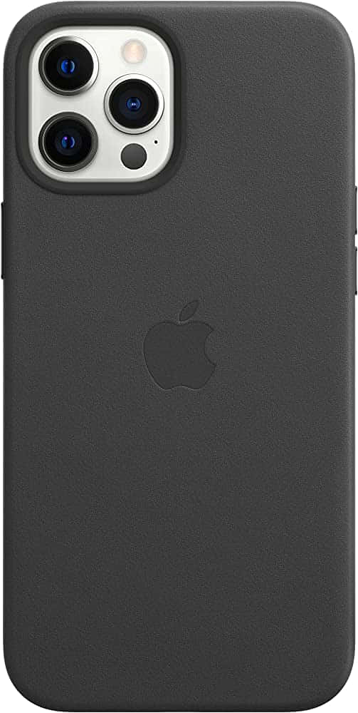 iPhone 桌布 壁紙 — 黑色皮革 iPhone 保護殼特寫，帶有壓印 Apple 標誌和三個相機開孔。