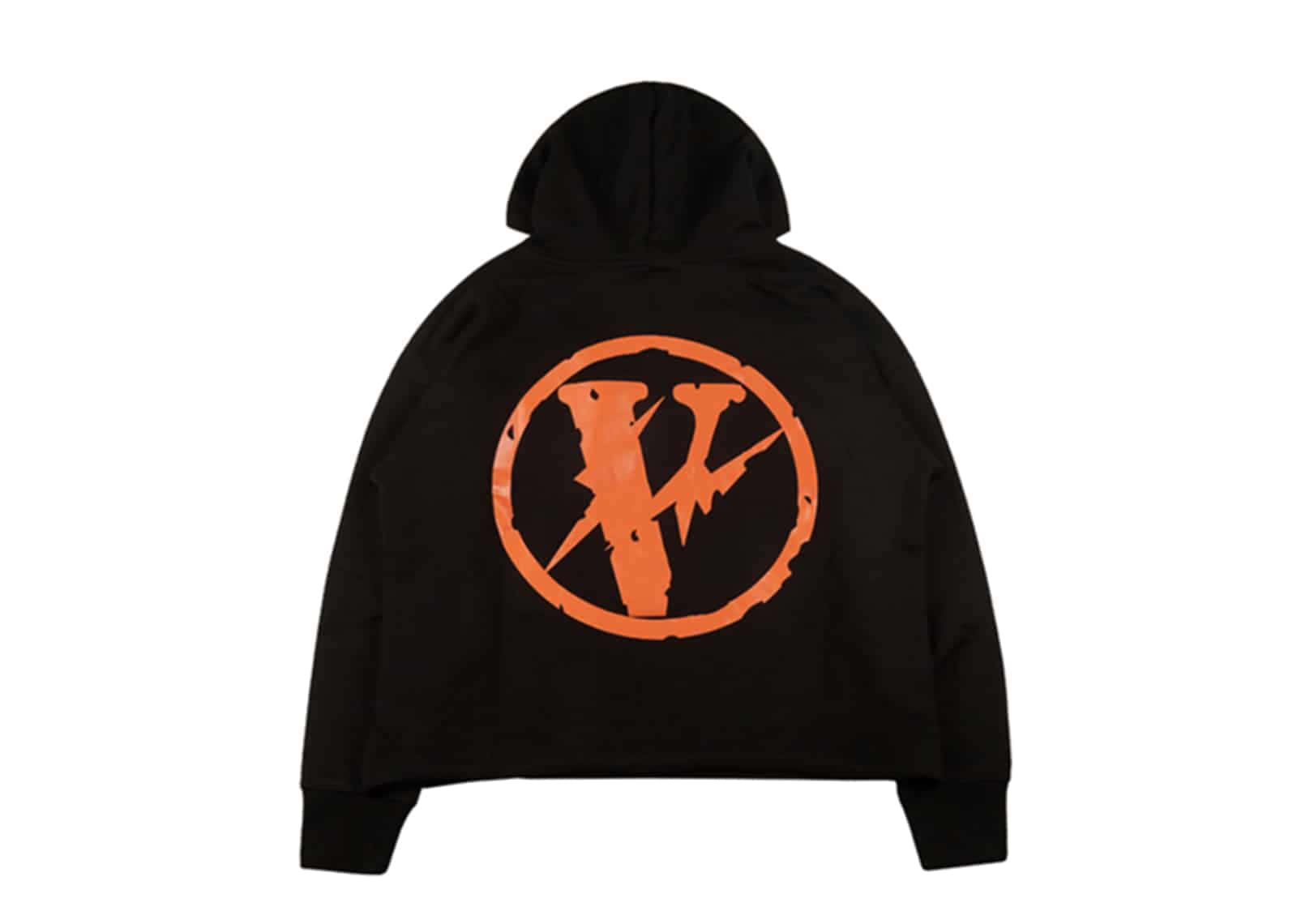 Vlone 桌布 壁紙 — 黑色短版連帽上衣，在純白色背景上印有醒目的橙色圓形標誌，包含風格化的「V」和交叉劍。
