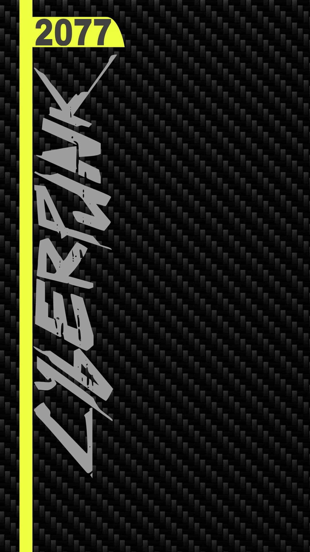 電馭叛客2077 桌布 壁紙 — 黑色碳纖維紋理上，灰色和黃色斜線組成的粗體「CYBERPUNK 2077」文字。