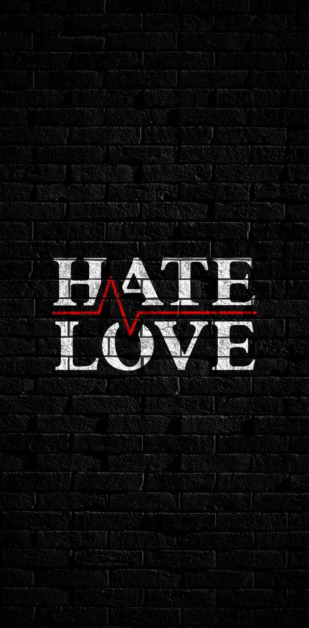 hate 桌布 壁紙 — 黑色磚牆上，粗體白色文字「HATE LOVE」之間有一條紅色心跳線分隔。