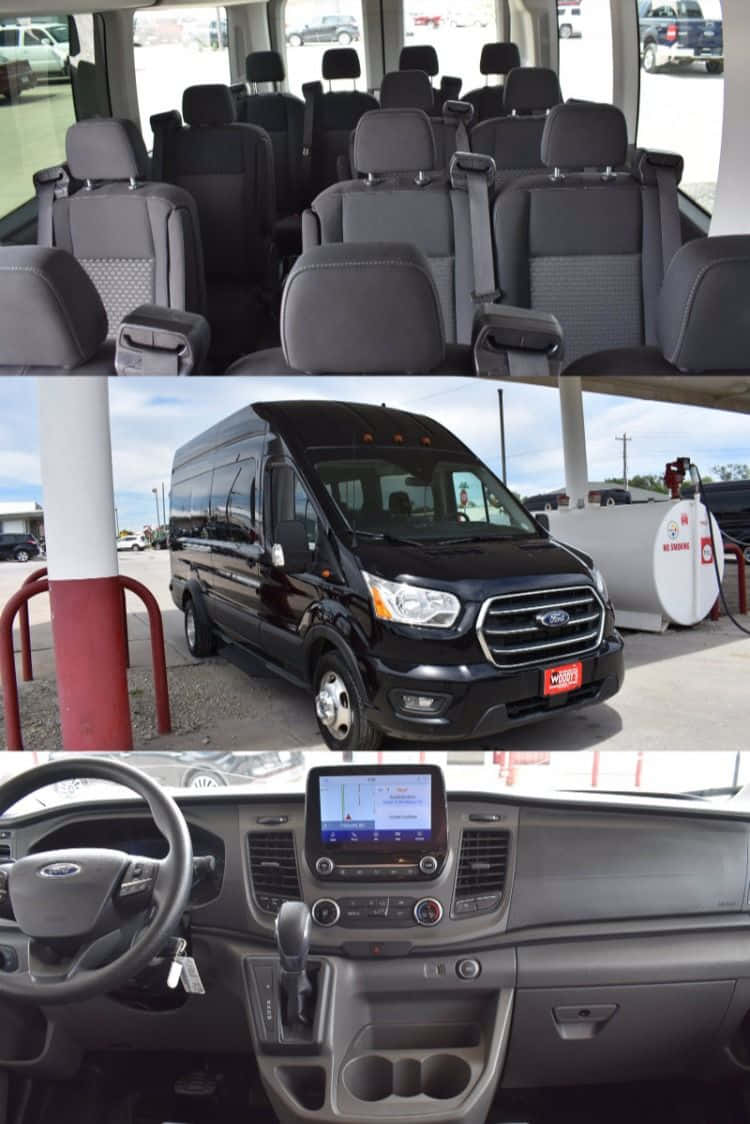 Family Car 桌布 壁紙 — 黑色福特Transit客貨車，從外部前方、內部儀表板及灰色座椅排展示。