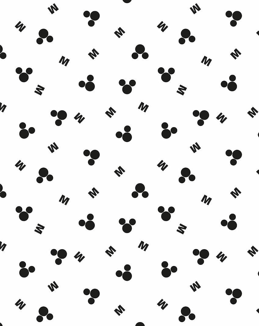 Disney Pattern 桌布 壁紙 — 黑色米奇老鼠頭部和字母M圖示散落在乾淨的白色背景上，形成重複圖案。