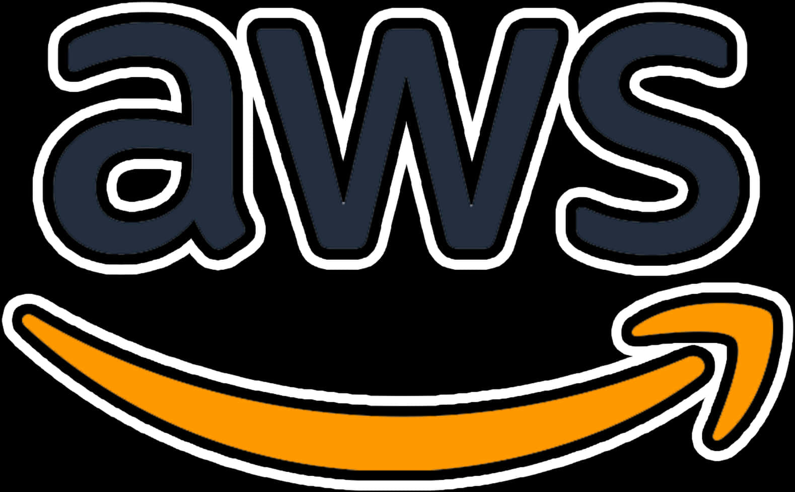 Amazon Logo White Transparent 桌布 壁紙 — 黑色粗體AWS字母，帶白色輪廓和橙色箭頭微笑，背景為黑色。