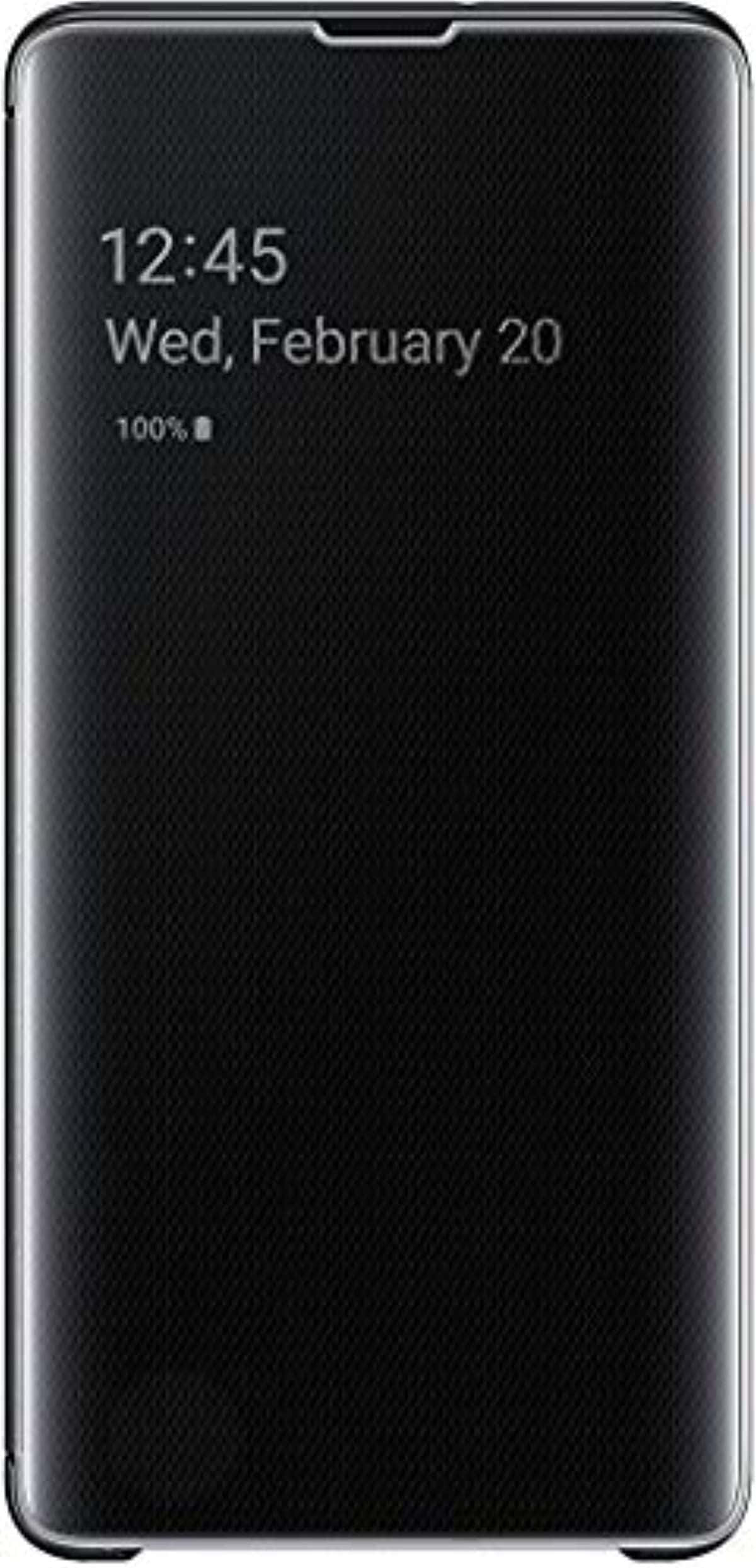 Galaxy S10 桌布 壁紙 — 黑色紋理智慧型手機翻蓋保護殼透過透明窗口顯示時間、日期和電池百分比。