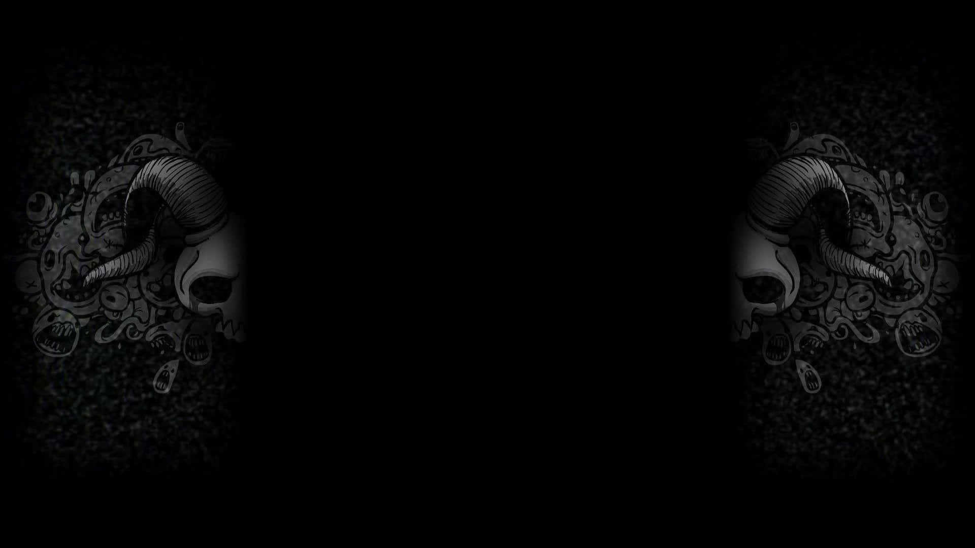 Aesthetic Black And White 桌布 壁紙 — 黑色紋理背景上，帶有彎曲角和混亂漩渦的惡魔公羊頭骨的對稱黑暗插圖。