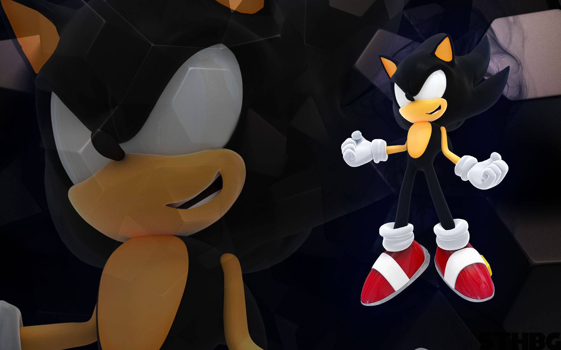 Dark Sonic 桌布 壁紙 — 黑色索尼克自信地站在深色幾何背景前，身後有一個大型風格化面孔。