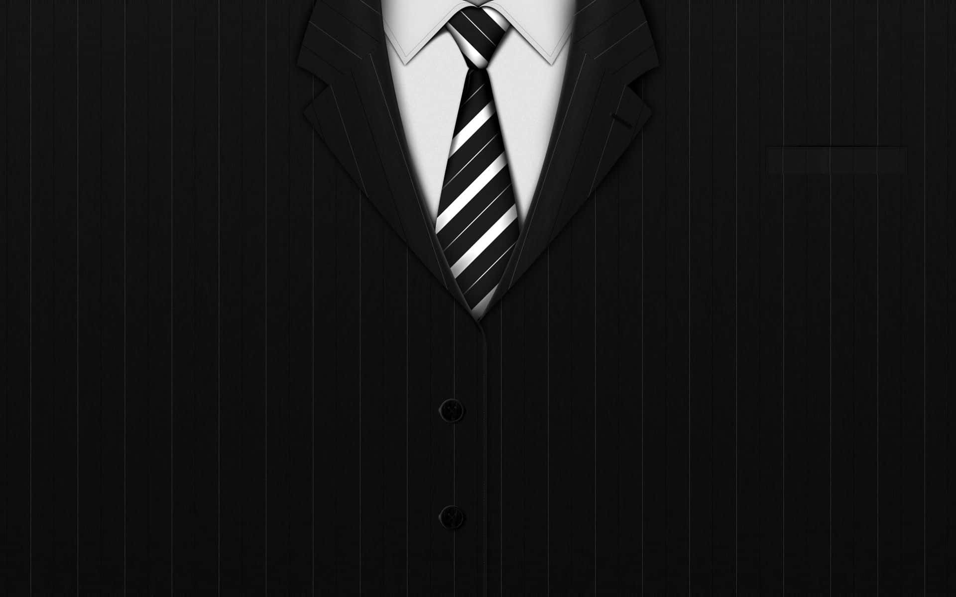 suit 桌布 壁紙 — 黑色細條紋西裝的近距離特寫，剪裁俐落，搭配白襯衫和條紋領帶。