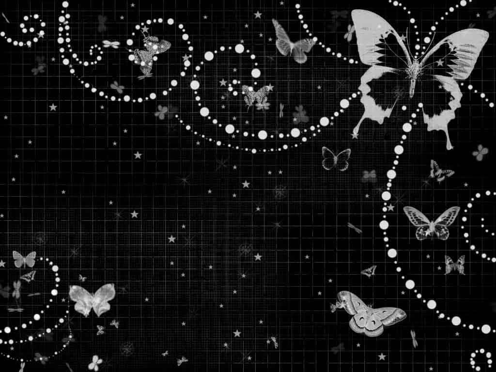 Cool Butterfly 桌布 壁紙 — 黑色網格背景，點綴著白色點狀漩渦和蝴蝶，襯以繁星點點的夜空。