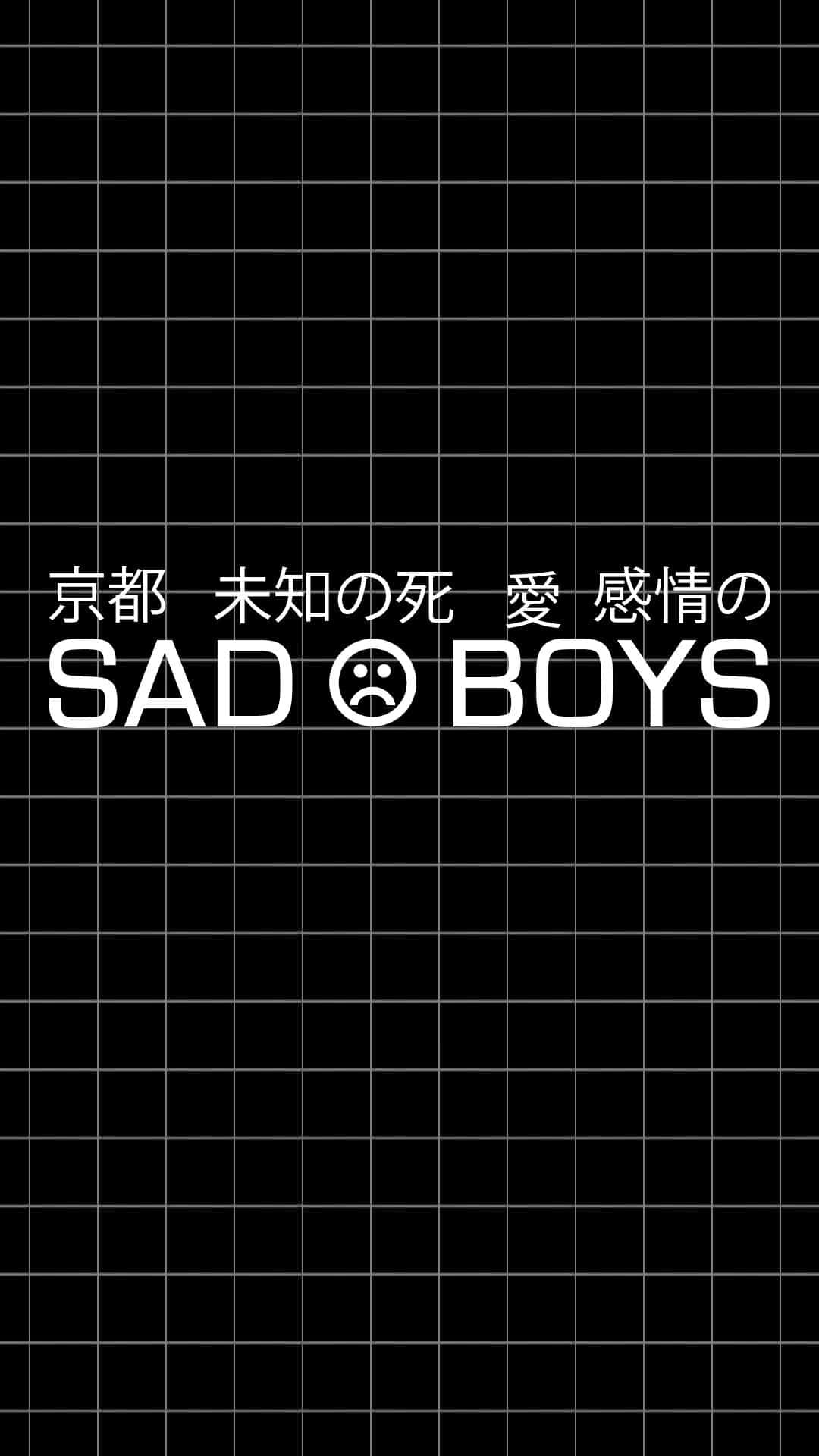 桌布 壁紙 — 黑色網格背景上的粗體白色文字顯示 SAD BOYS，上方有日文字元。