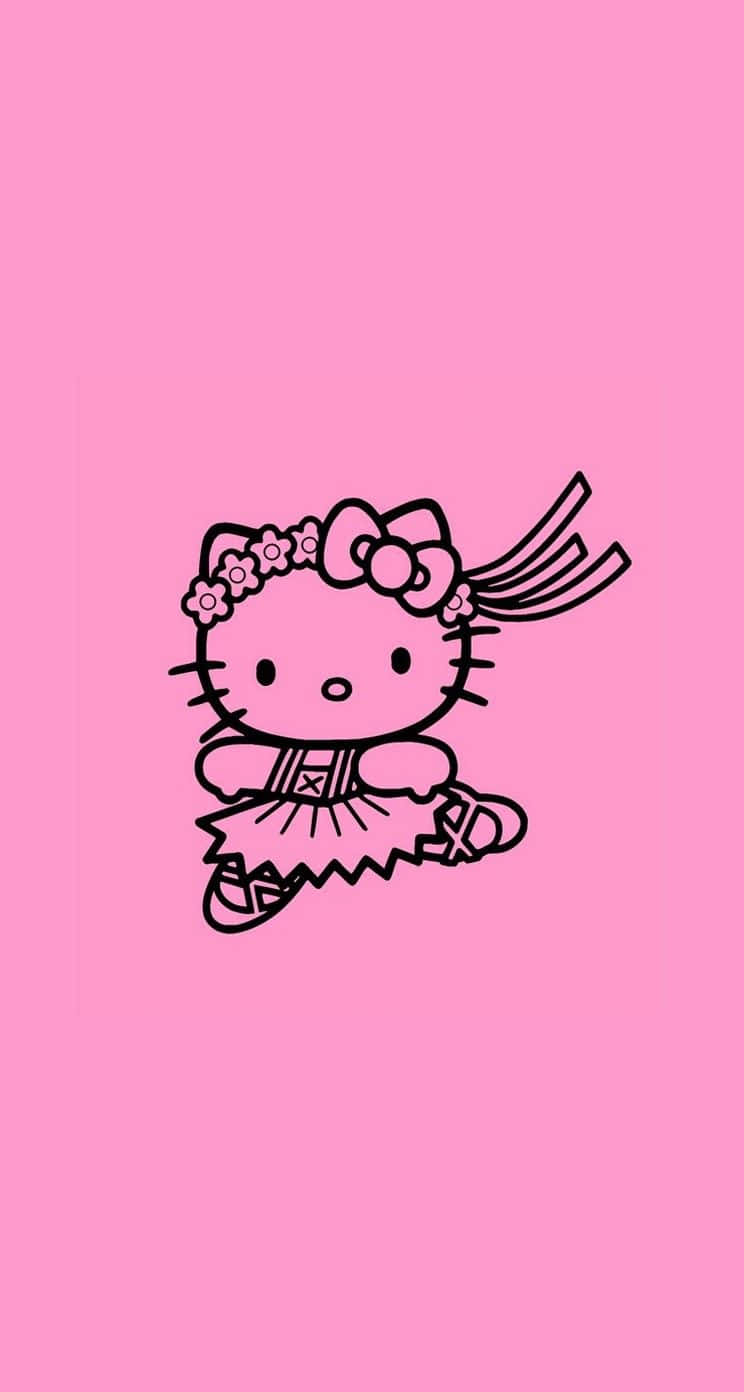 Dancing Cat 桌布 壁紙 — 黑色線條藝術Hello Kitty以芭蕾舞姿勢，戴著花卉頭帶和蝴蝶結，在純粉紅色背景上。