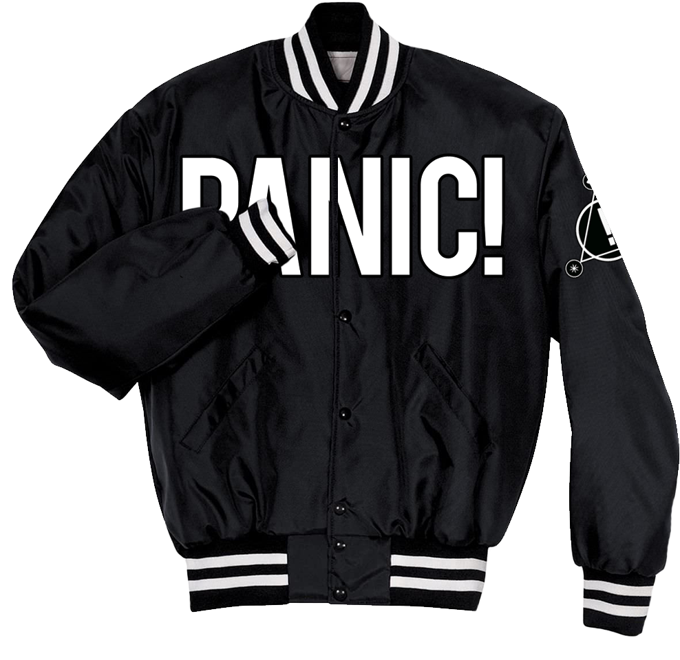 Panic 桌布 壁紙 — 黑色緞面棒球外套，胸前有粗體白色「PANIC!」字樣，領口、袖口和下擺有白色條紋點綴。