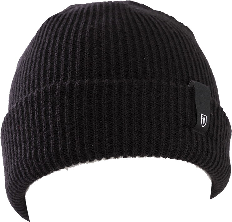 Beanie 桌布 壁紙 — 黑色羅紋針織毛帽的特寫，附有耳罩和側面細小的品牌標籤。