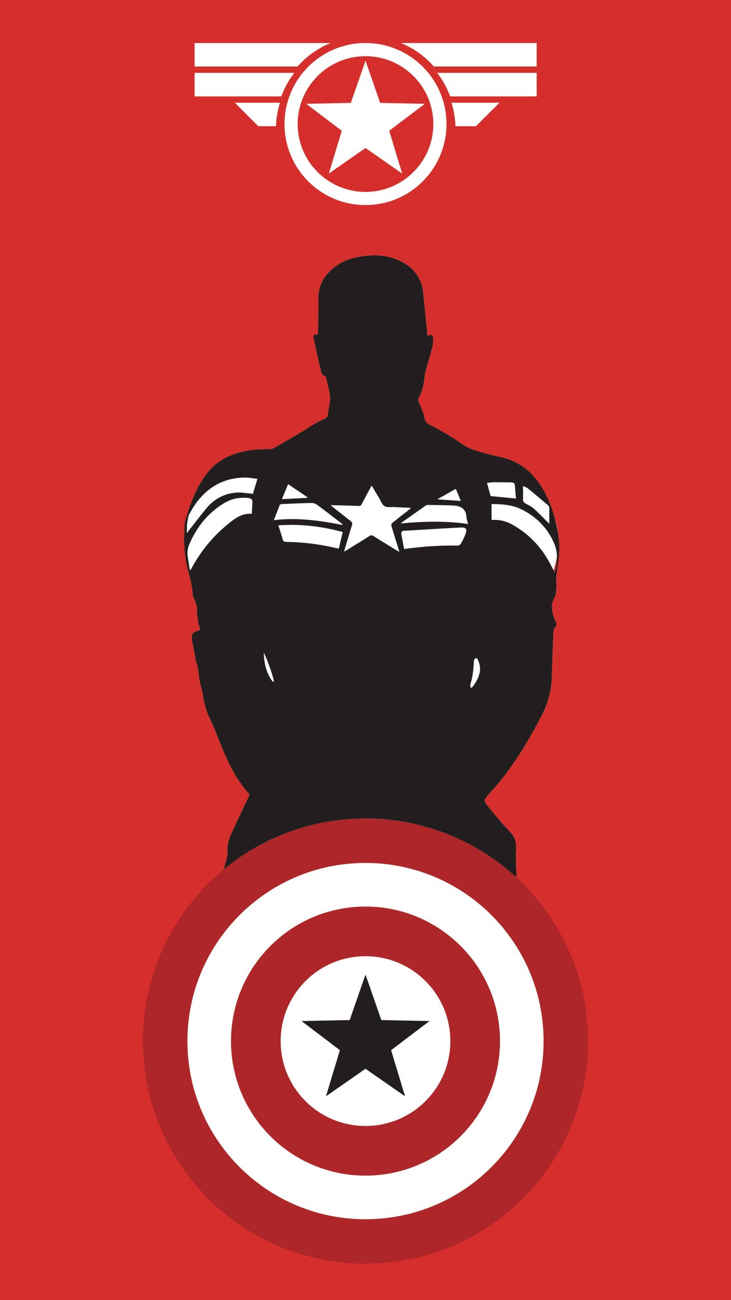 Marvel Captain America 桌布 壁紙 — 黑色美國隊長剪影，紅色背景，上下有標誌性盾牌和星星徽章。