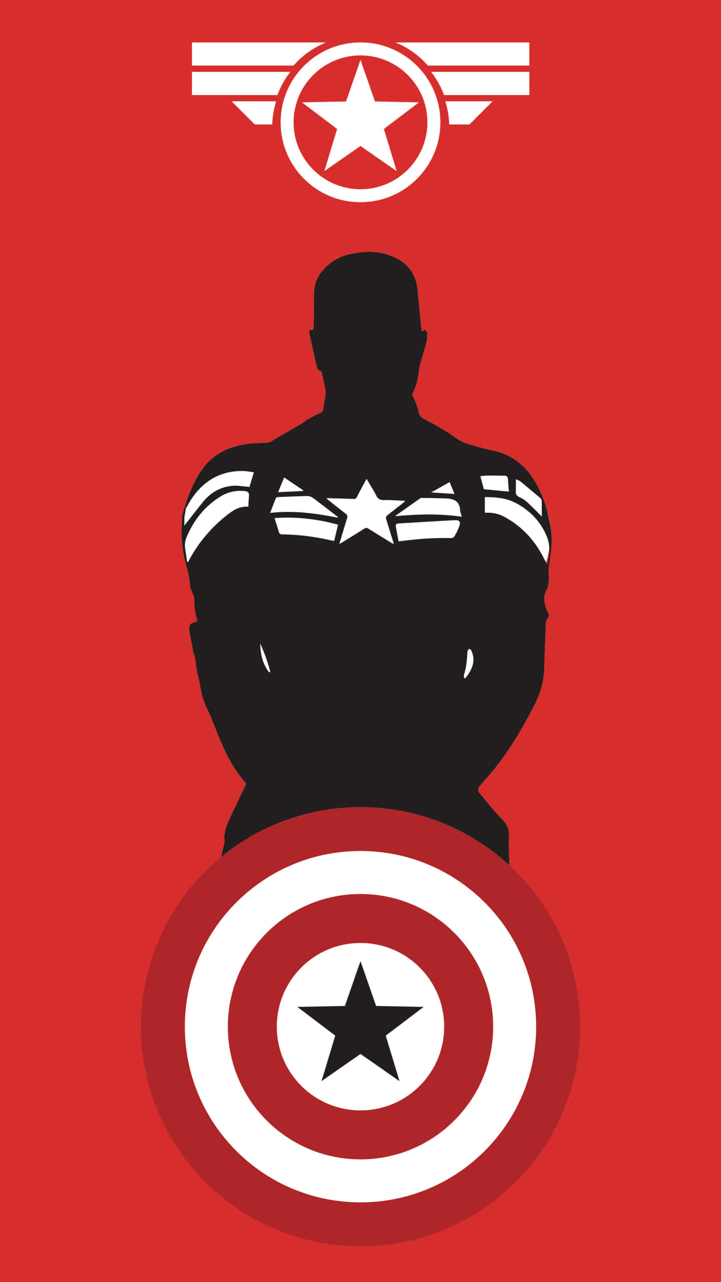Captain America Cool 桌布 壁紙 — 黑色美國隊長剪影，紅色背景，上下有標誌性盾牌和星星徽章。