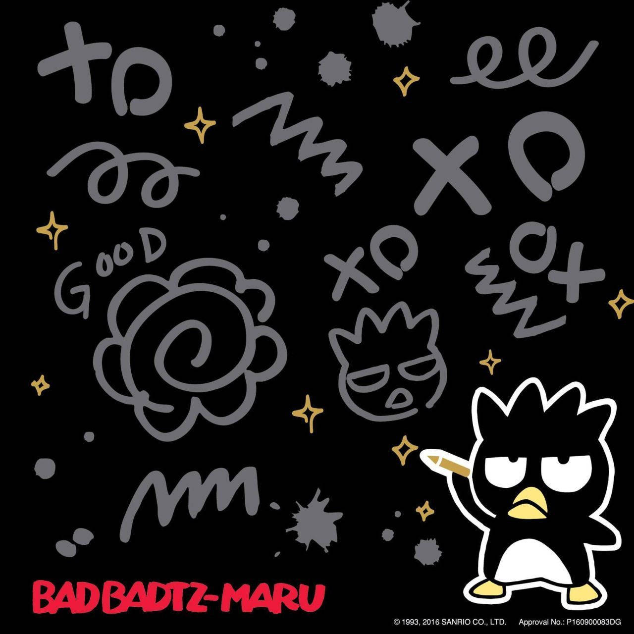 Badtz Maru 桌布 壁紙 — 黑色背景，佈滿灰色塗鴉星星，以及一隻拿著鉛筆的卡通企鵝，底部有紅色文字。