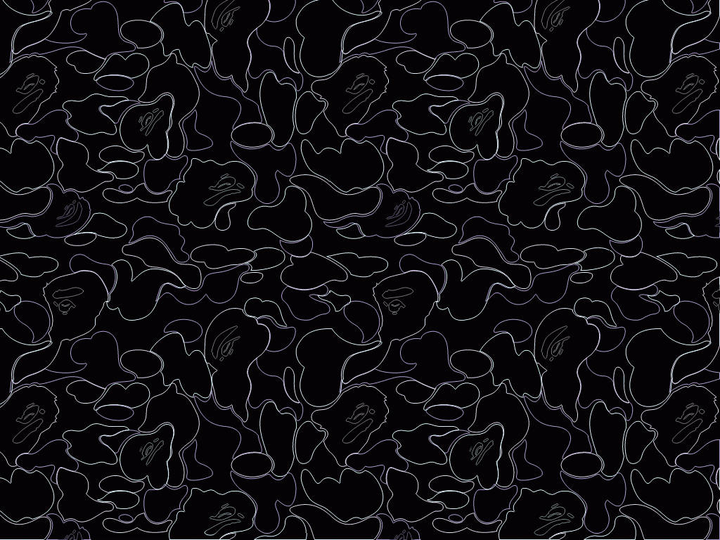 Bape 動態 桌布 壁紙 — 黑色背景，充滿重複的白色輪廓抽象形狀，類似扭曲的臉孔。