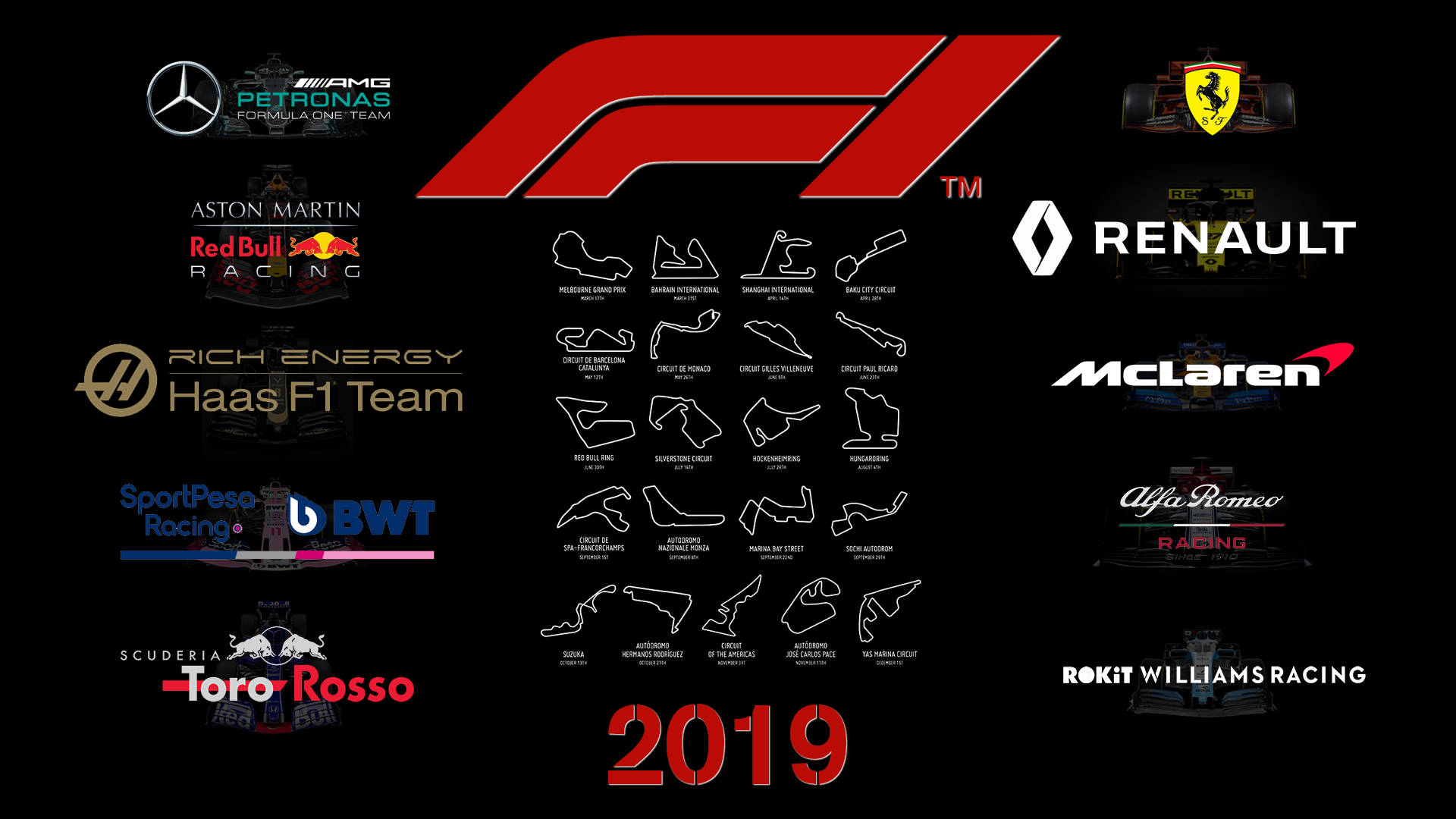 Formula 1 2019 桌布 壁紙 — 黑色背景，展示2019賽季一級方程式車隊標誌和賽道地圖。