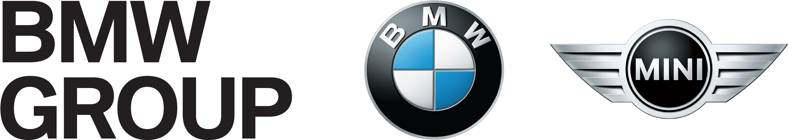 BMW 動圖 桌布 壁紙 — 黑色背景，展示BMW集團標誌文字及標誌性的BMW和MINI徽章，採用金屬銀和藍色。