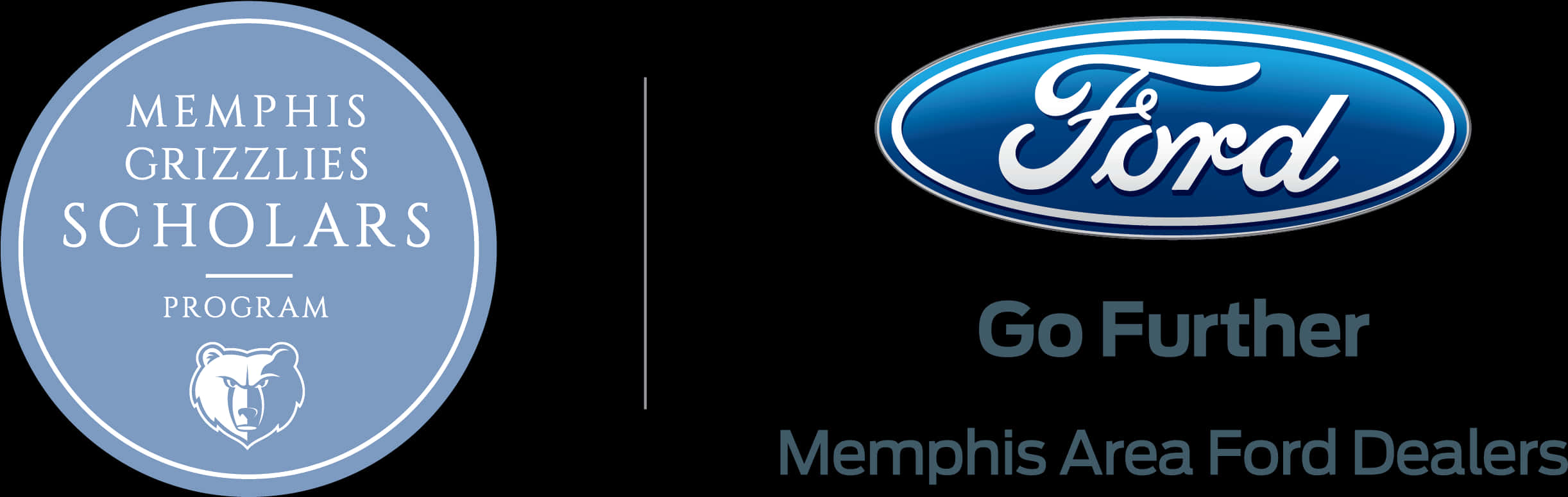 Ford Logo 桌布 壁紙 — 黑色背景，帶有曼菲斯灰熊學者計畫標誌和福特經銷商品牌，標語為「Go Further」。