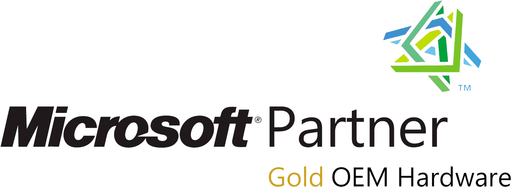 microsoft 桌布 壁紙 — 黑色背景，帶有灰色和金色文字的 Microsoft Partner Gold OEM Hardware 標誌，以及色彩繽紛的幾何徽章。