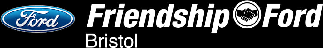 Ford Logo 桌布 壁紙 — 黑色背景，帶有福特標誌和白色文字，顯示 Friendship Ford Bristol 及握手圖示。