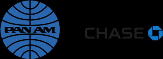 Chase Logo 桌布 壁紙 — 黑色背景，帶有藍色圓形泛美航空標誌和帶有藍色方形圖標的灰色大通標誌。