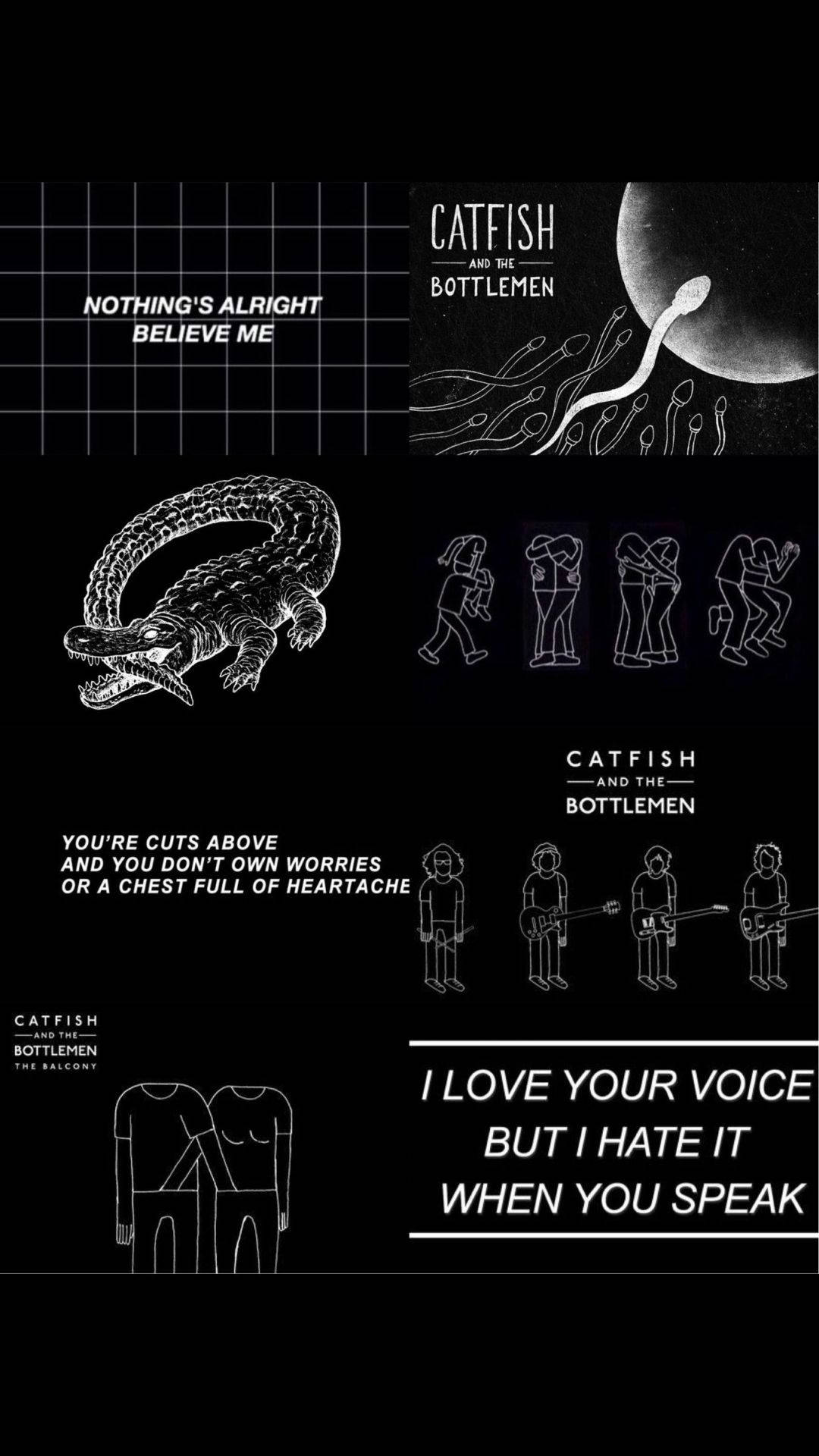 Alt 桌布 壁紙 — 黑色背景，帶有鱷魚、樂隊成員和 Catfish and the Bottlemen 文字引用的白色線條藝術插圖。