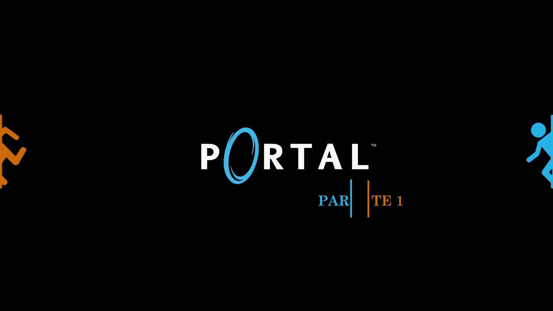 科學 桌布 壁紙 — 黑色背景，白色、藍色和橙色的 Portal Par TE 1 標誌兩側有風格化的橙色和藍色奔跑人物。