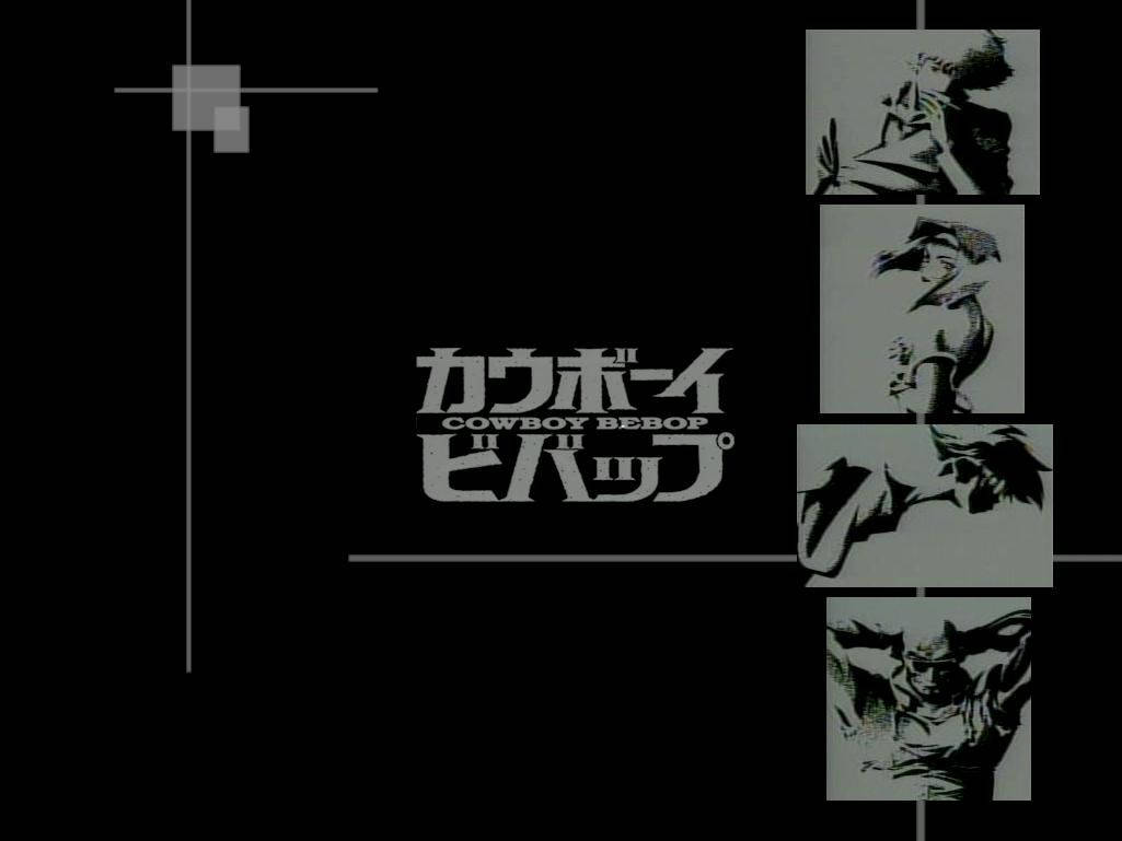 Cowboy Bebop 桌布 壁紙 — 黑色背景，白色文字，四個風格化動漫角色肖像以網格佈局排列。
