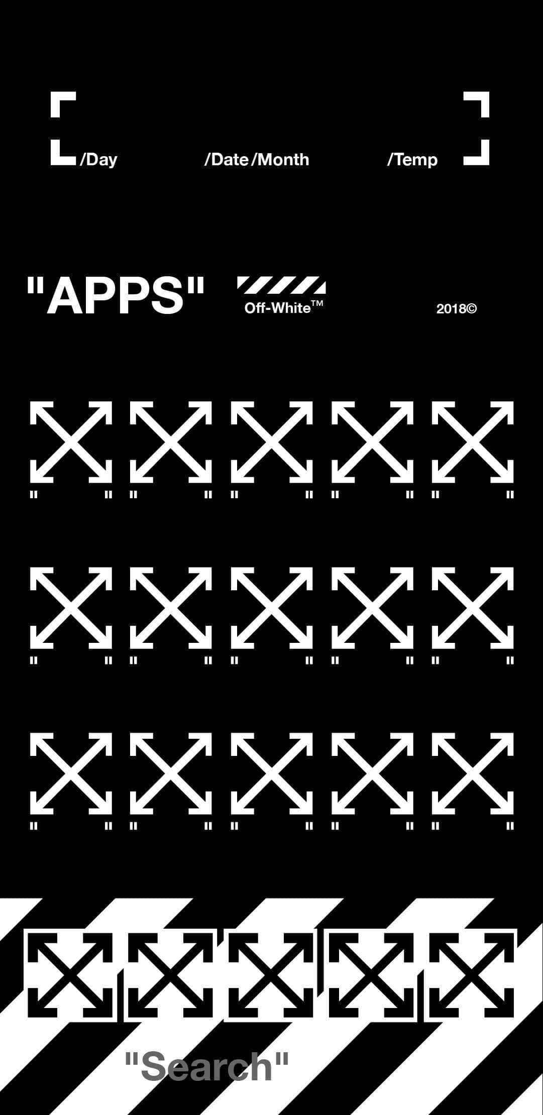 Off White iPhone 桌布 壁紙 — 黑色背景，重複白色箭頭圖案和文字元素，極簡主義平面設計。