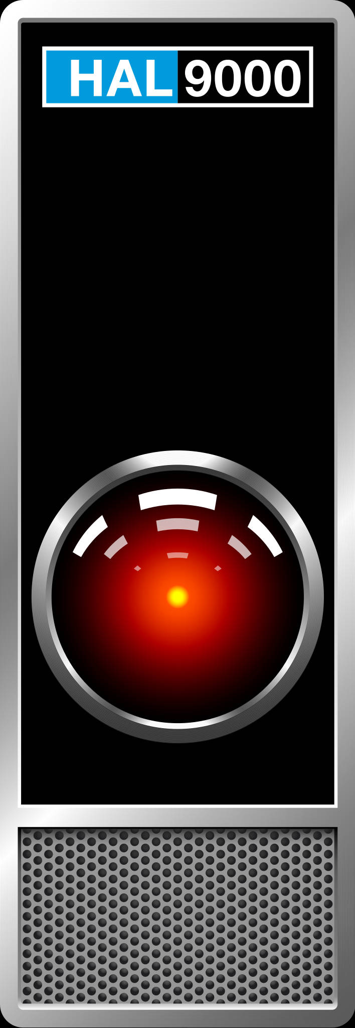 高清 桌布 壁紙 — 黑色背景上，HAL 9000 標誌性紅色發光眼睛和藍色標籤面板的特寫。
