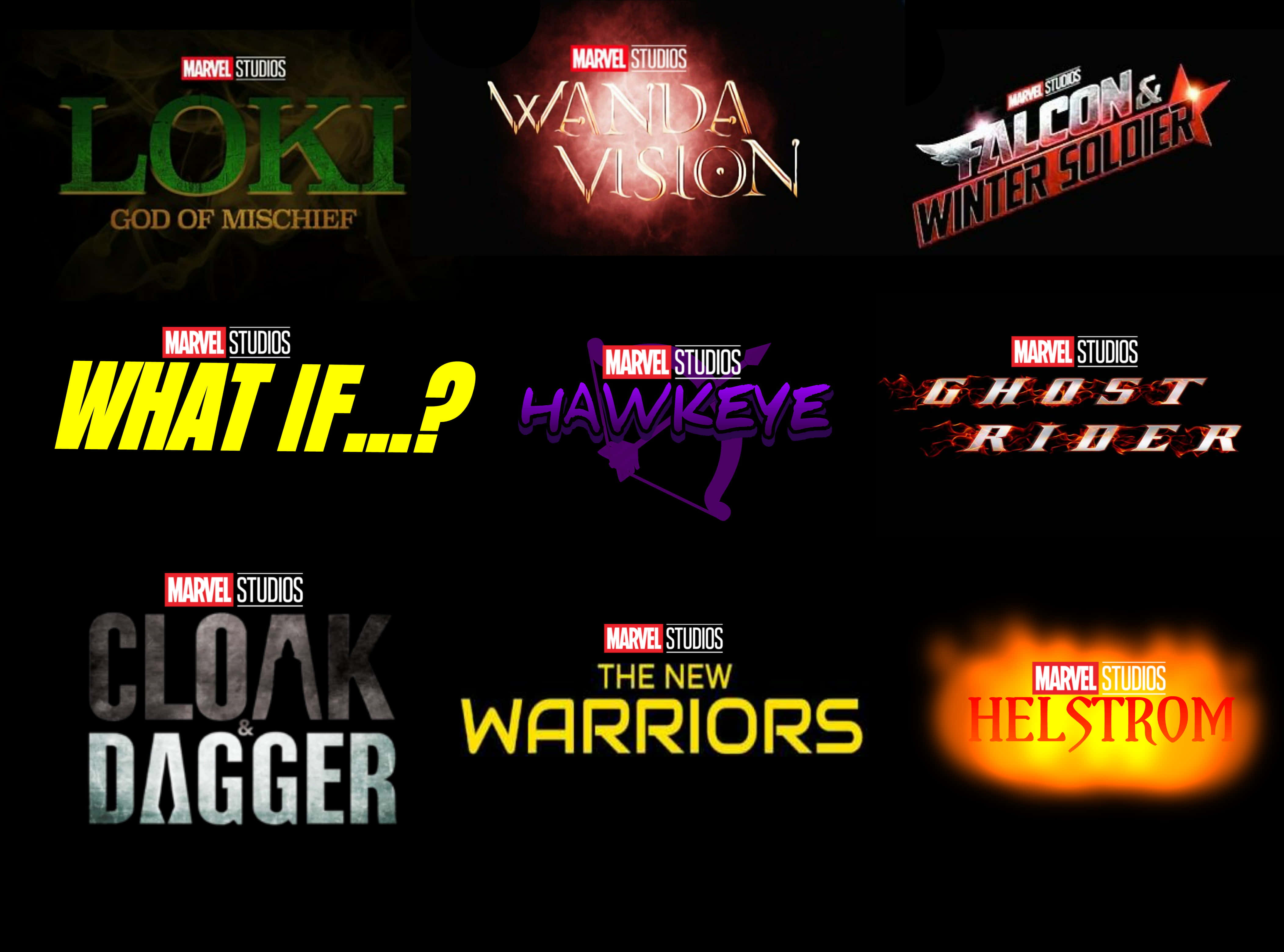 Mcu Phase Three 桌布 壁紙 — 黑色背景上，Marvel Studios 電視節目標誌的拼貼畫，字體和顏色各異。