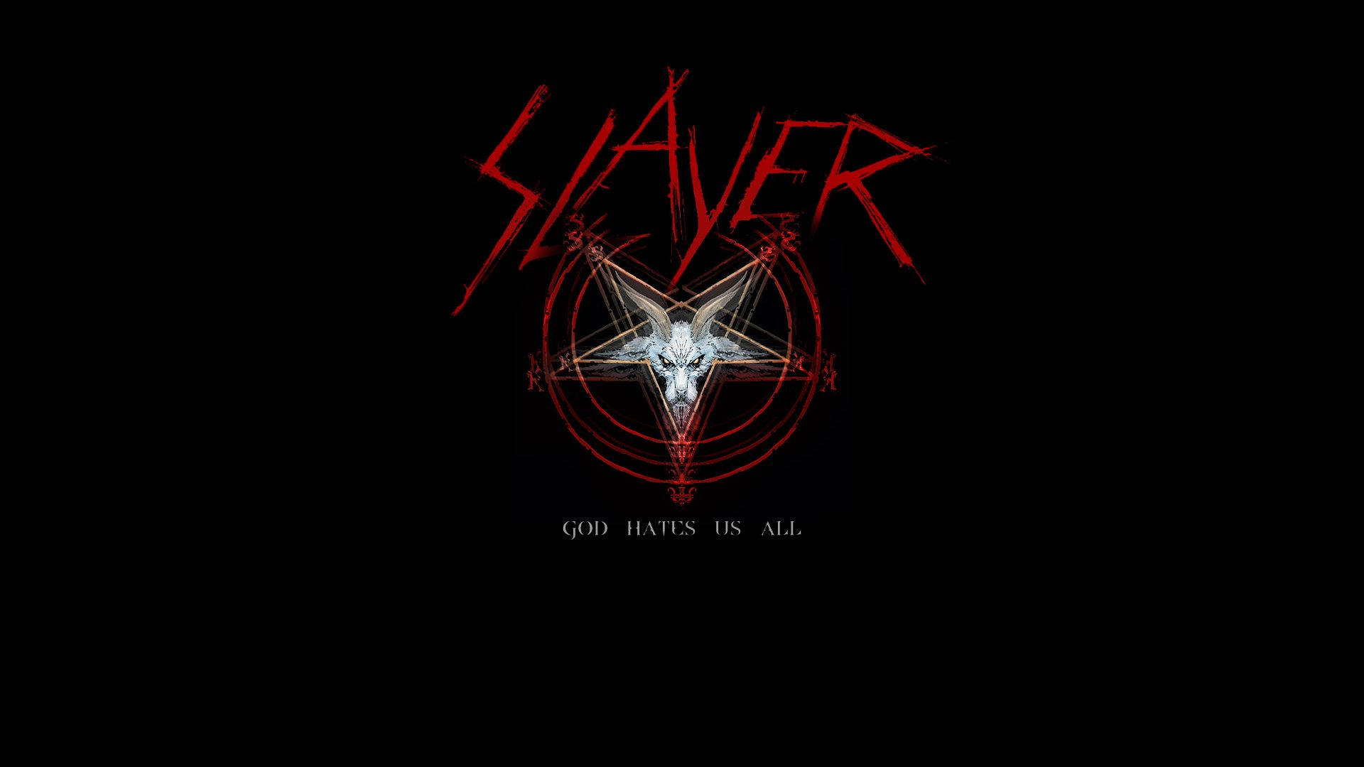 殺手 桌布 壁紙 — 黑色背景上，Slayer 樂團的標誌以鋸齒狀紅色字體呈現，上方有一個五角星和山羊頭骨，並有白色字句 God hates us all。